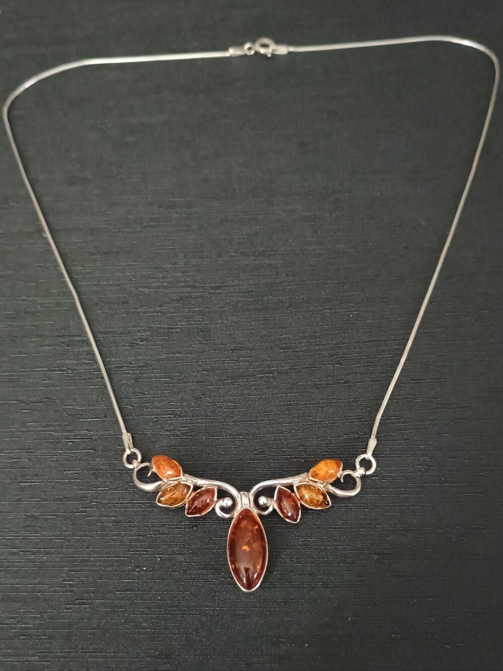 Sterling Silver Amber Marquise Pendant Necklace - Orange Brown